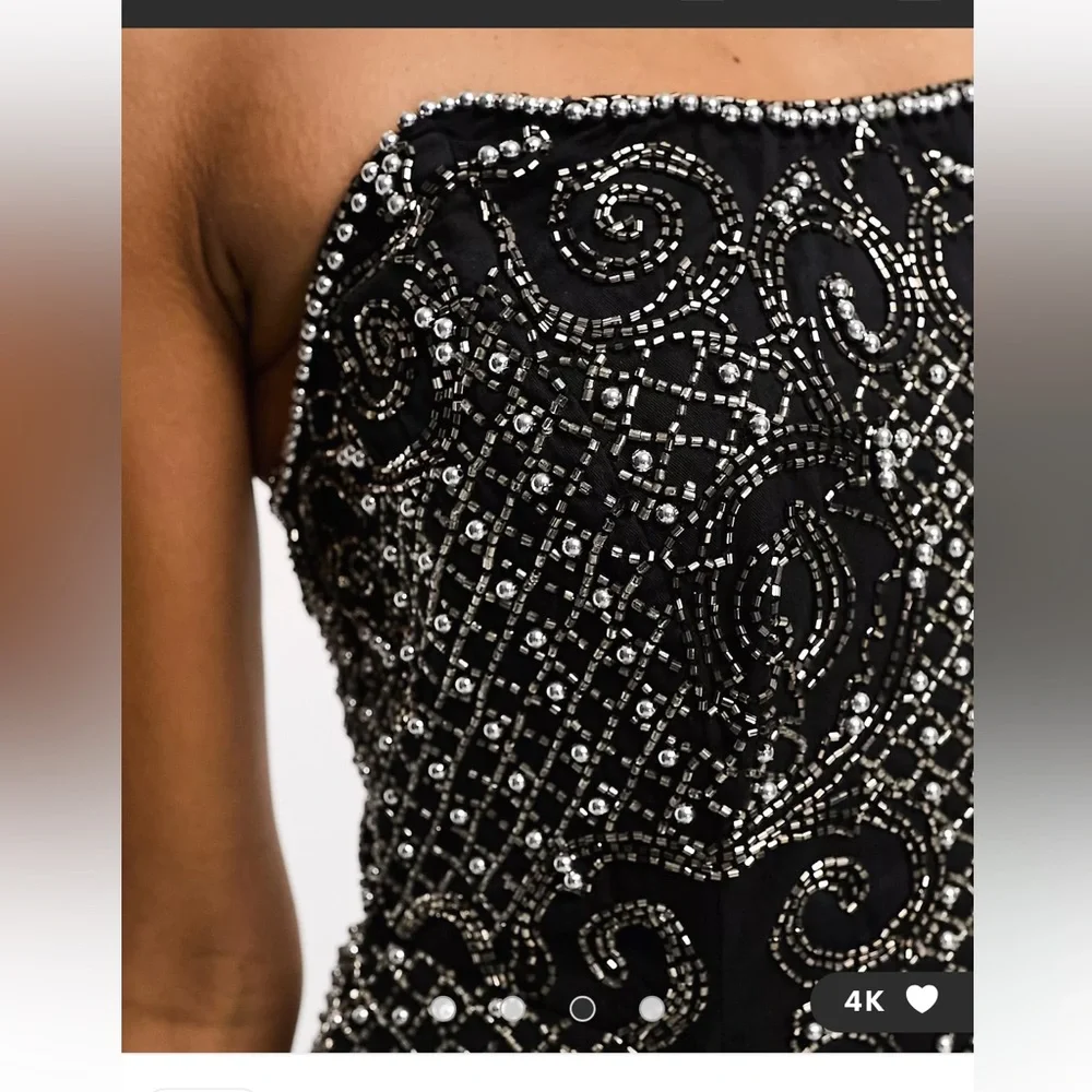 ASOS DESIGN embellished bandeau mini dress in black sequin pearl strapless US 10 - Picture 4 of 13